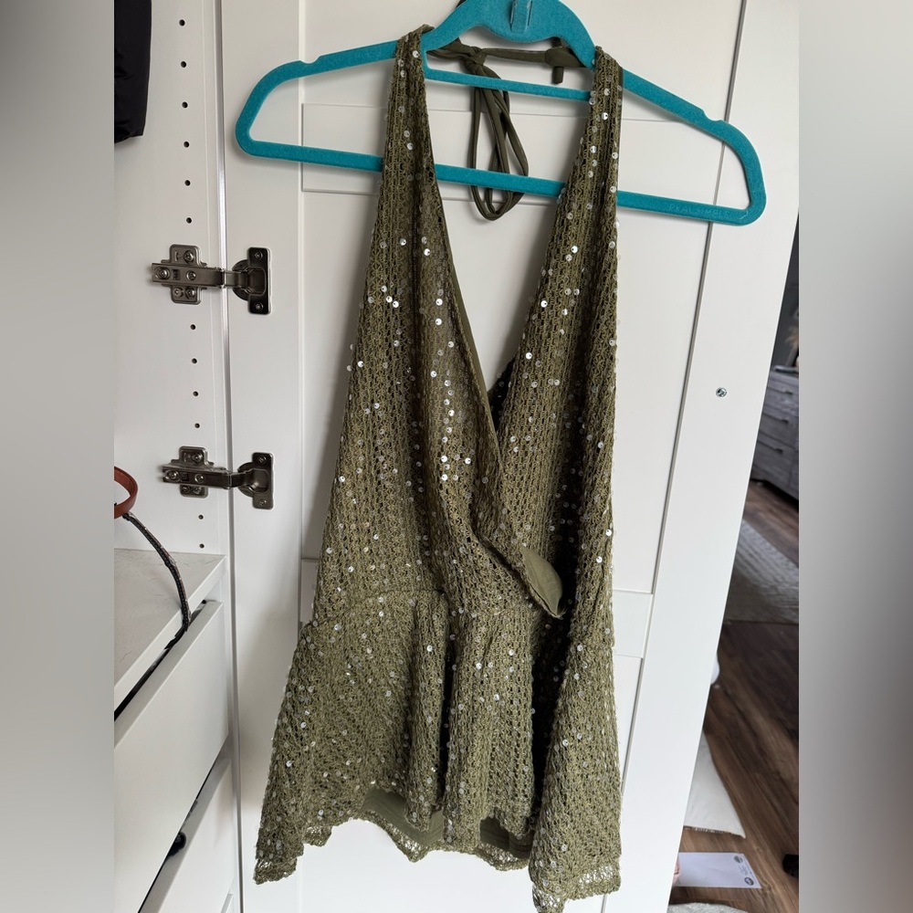 White Fox Boutique Olive Green Sequin Halter Backless Romper - Picture 2 of 4